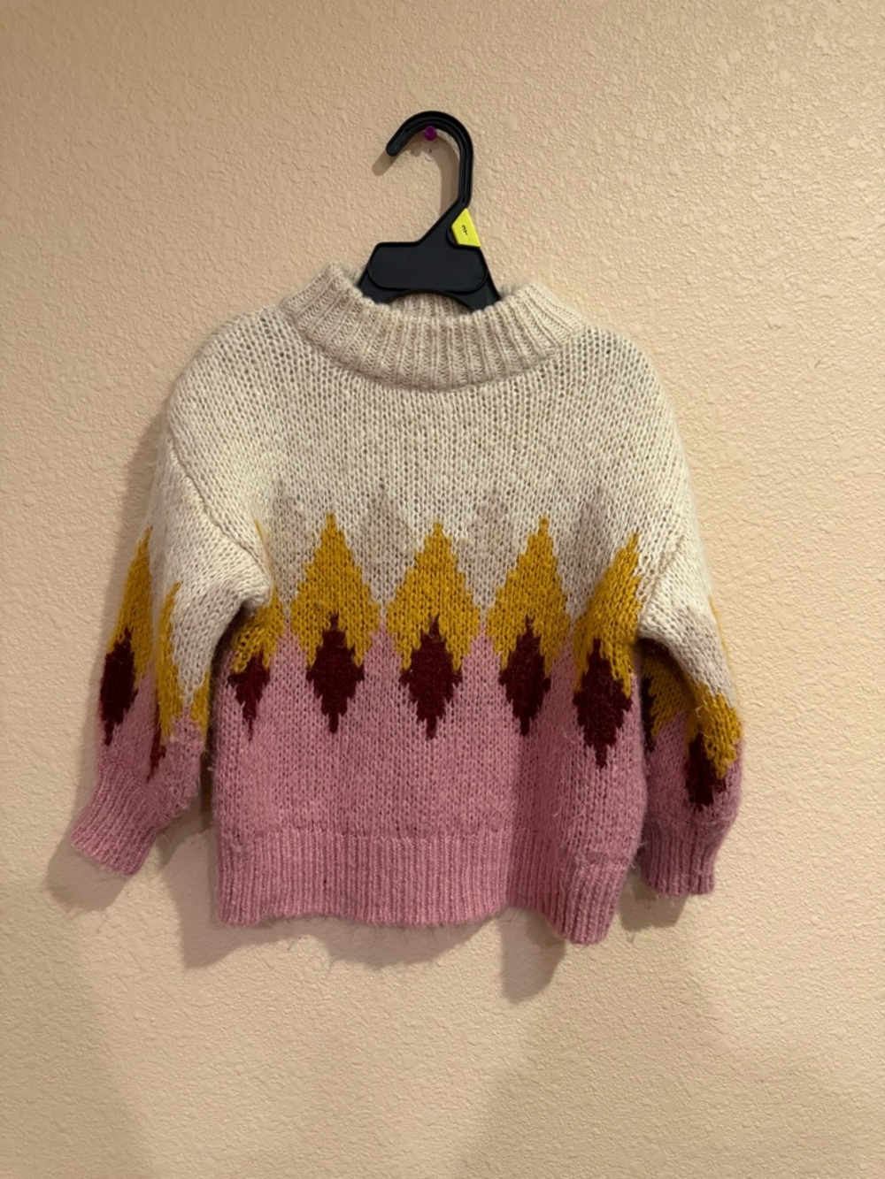 Zara Pink, Cream & Yellow Diamond-Pattern Turtleneck Sweater-5